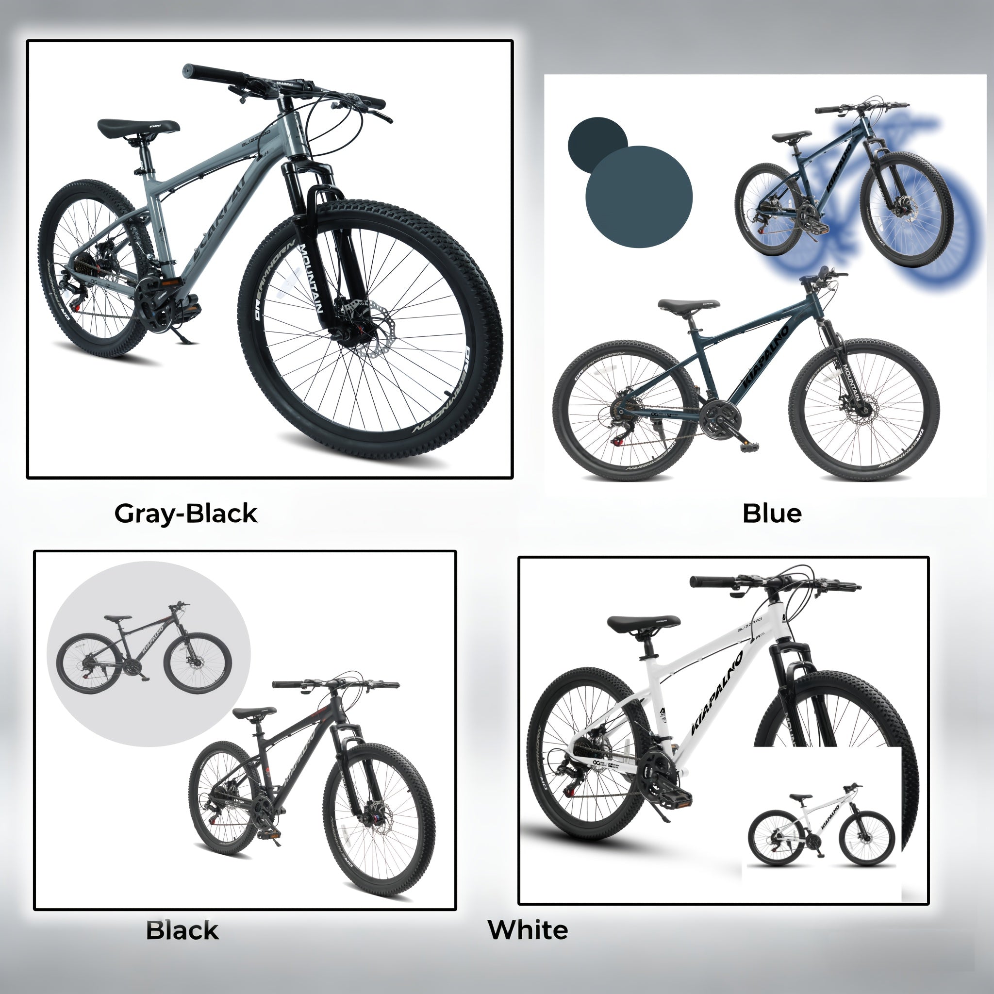 Grey-black, Blue, Black, White 26-inch All-terrain Mountain Bike, Equipped with a 21-speed Transmission System and Disc Brakes. Suitable for Both Men and Women, It Is an Ideal Choice for Mountain Biking and Long-distance Cycling. Available in Four