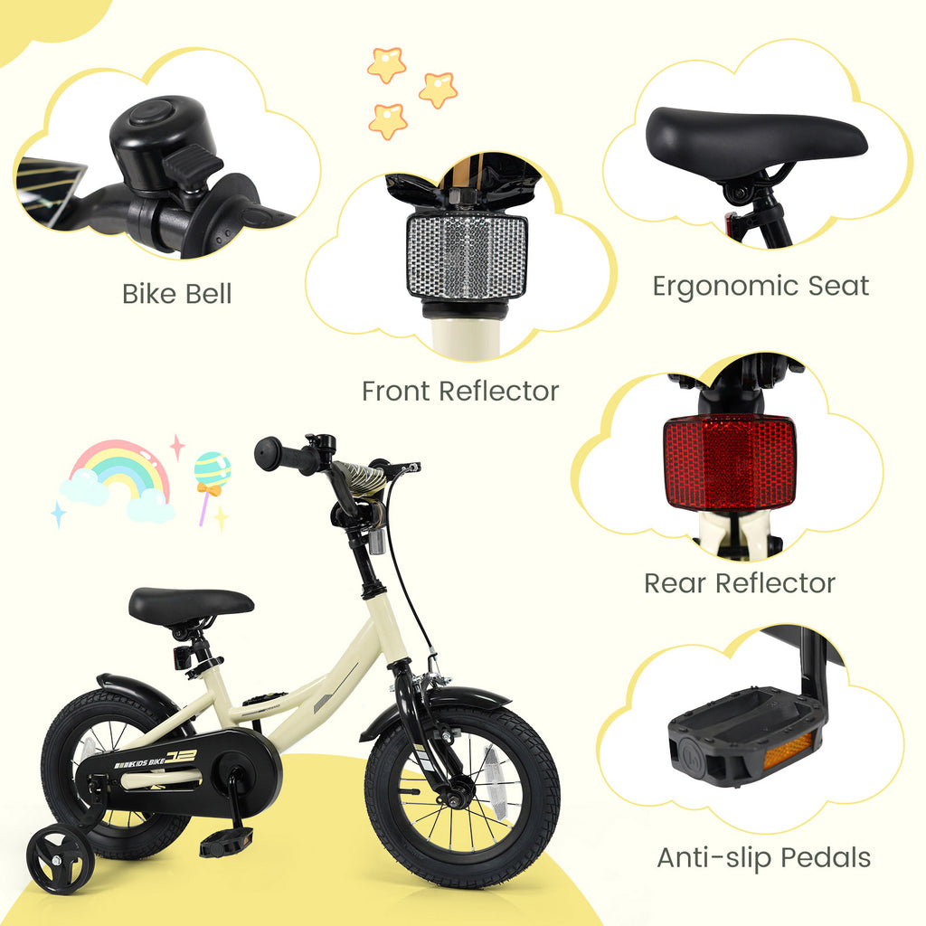 12-Inch Bicycle for Children, Sporting Bike Featuring Detachable Training Wheels, Adjustable Seat And Handlebars, Handbrake And Coaster Brake, Safety Reflectors, Suitable for Boys And Girls Aged 3 to 8