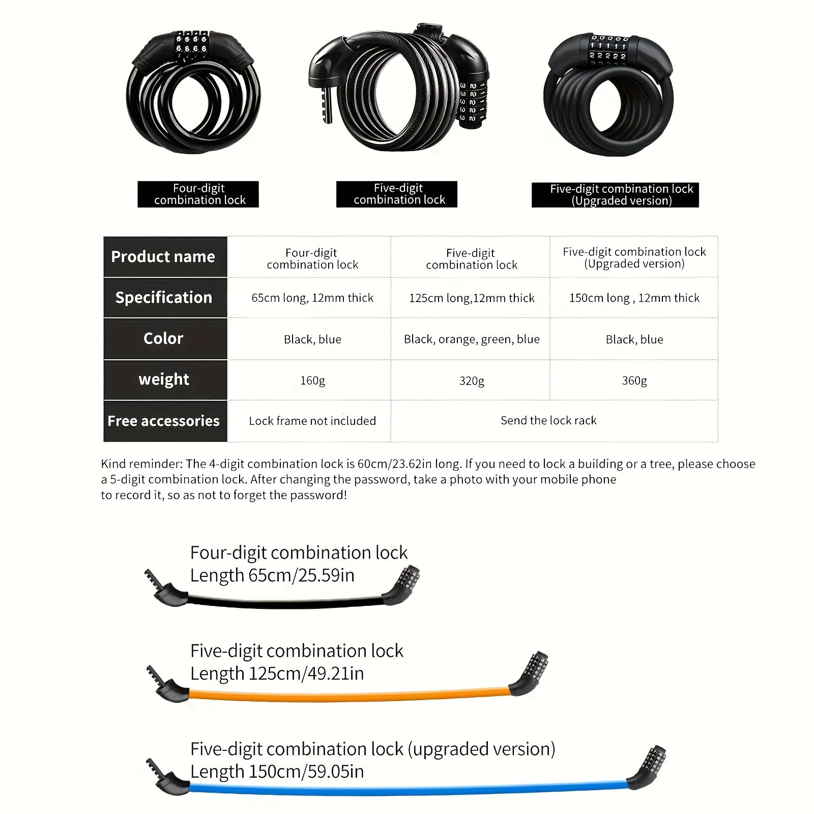 Heavy Duty Bike Chain Lock TOSUOD 5-Digit Combination Bike Lock | Heavy Duty, Anti-Theft Coiled Cable, 125cm\u002F150cm Chain, 4 Colors (Black\u002FRed\u002FGreen\u002FWhite) - Spiral Wire for E, Motorcycles, Scooters