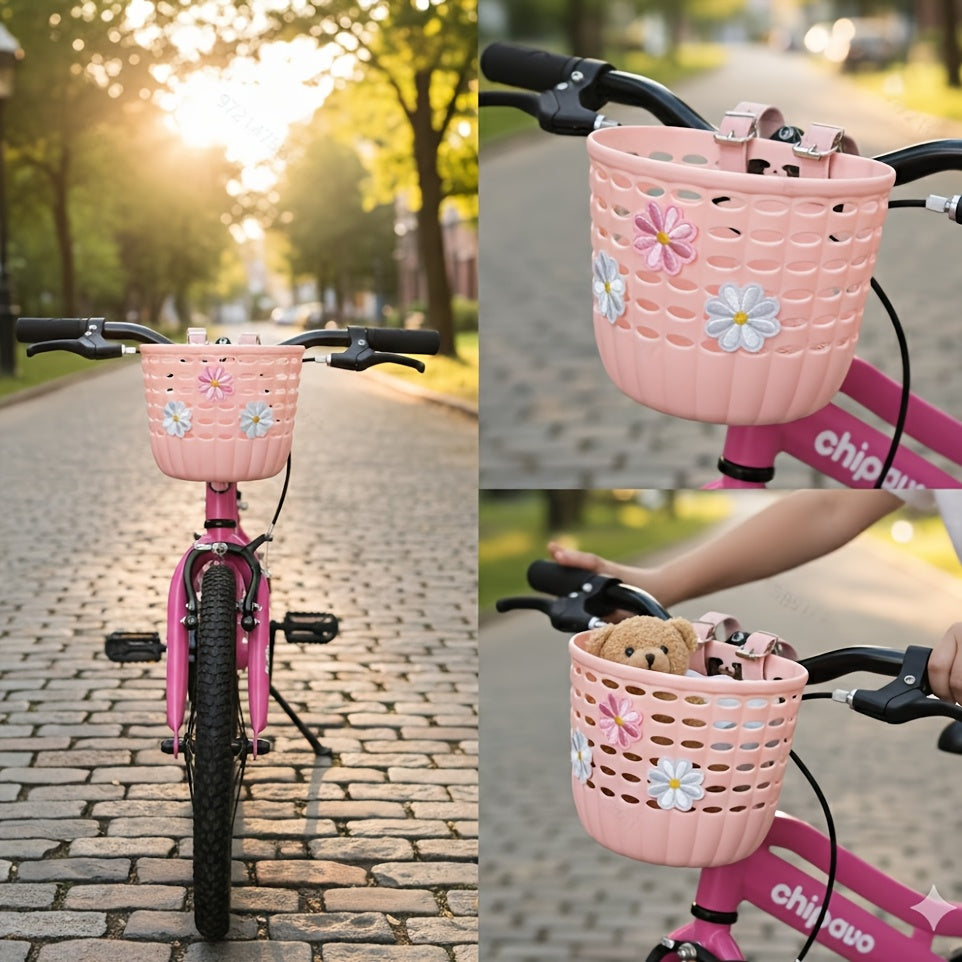 Plastic Front Basket for Bicycles, Secured with a Strap, Decorated with Flowers, Lightweight for Commuting, Suitable for Bicycles, Scooters, And Balance Bikes