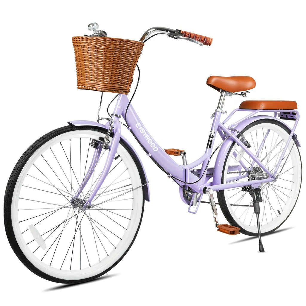 26-Inch Collapsible Beach Bicycle, Bicycle Featuring a Basket, 7-Speed Hybrid Commuter Bikes with Cushion, V-Brakes, Easy Assembly for Adults
