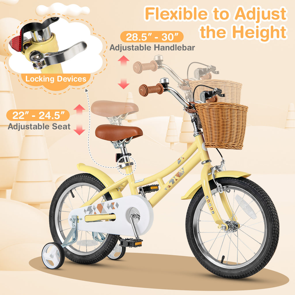 COSTWAY Kids Bike, 16 Inch Bicycle with Height Adjustable Handlebar & Seat, Basket, Bell, Training Wheels, Handbrake & Coaster Brake, Retro Style Girls Bike for Children 4-7 Years Old