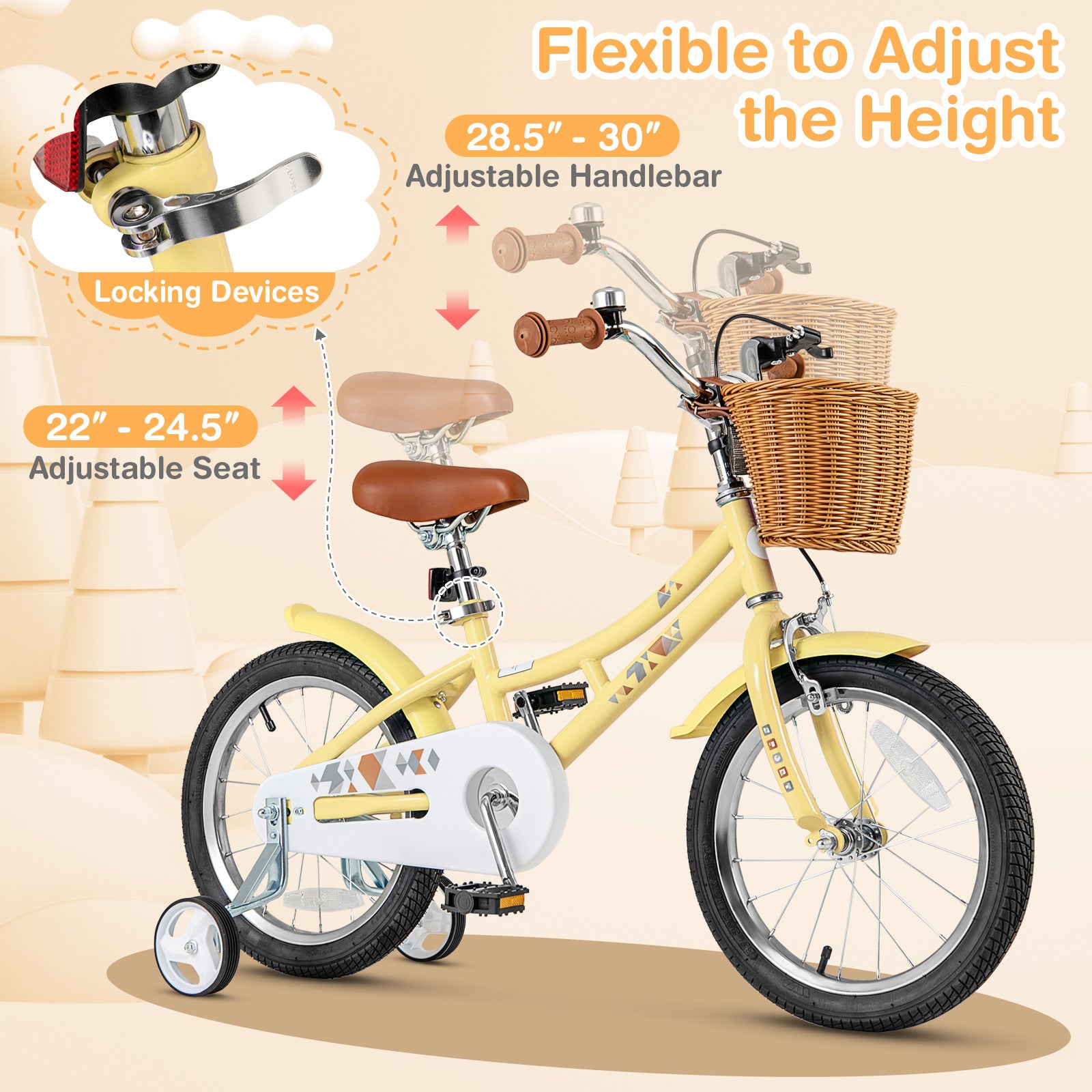 COSTWAY Kids Bike, 16 Inch Bicycle with Height Adjustable Handlebar & Seat, Basket, Bell, Training Wheels, Handbrake & Coaster Brake, Retro Style Girls Bike for Children 4-7 Years Old