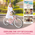 26-Inch Urban Beach Bicycle, Bicycle with Basket, 7-Speed Hybrid Commuter Bike Featuring Cushioning, V-Brakes, Quick Mount for Adults