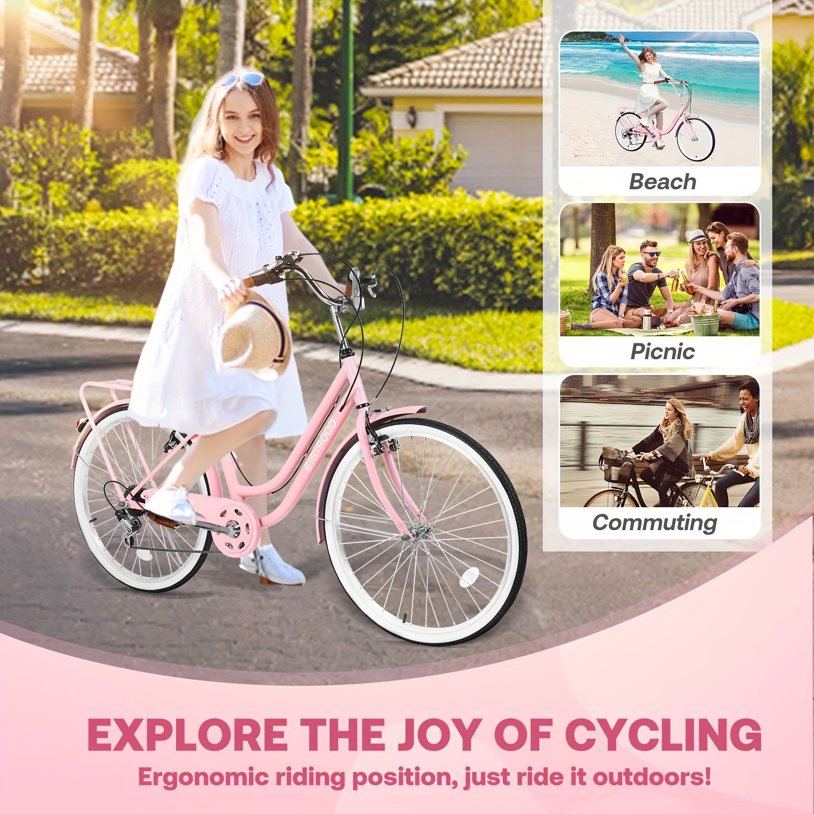 26-Inch Urban Beach Bicycle, Bicycle with Basket, 7-Speed Hybrid Commuter Bike Featuring Cushioning, V-Brakes, Quick Mount for Adults